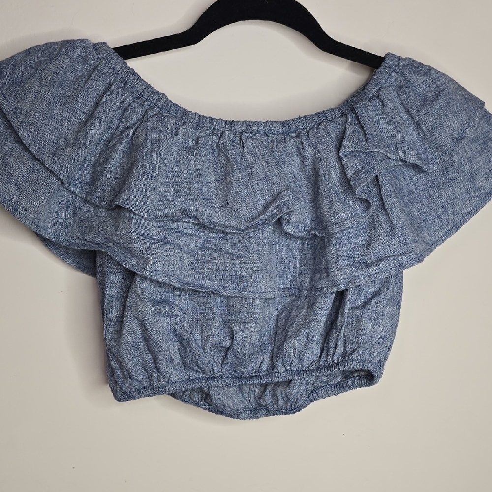 Express Blue Ruffled Crop Blouse - Picture 7 of 8